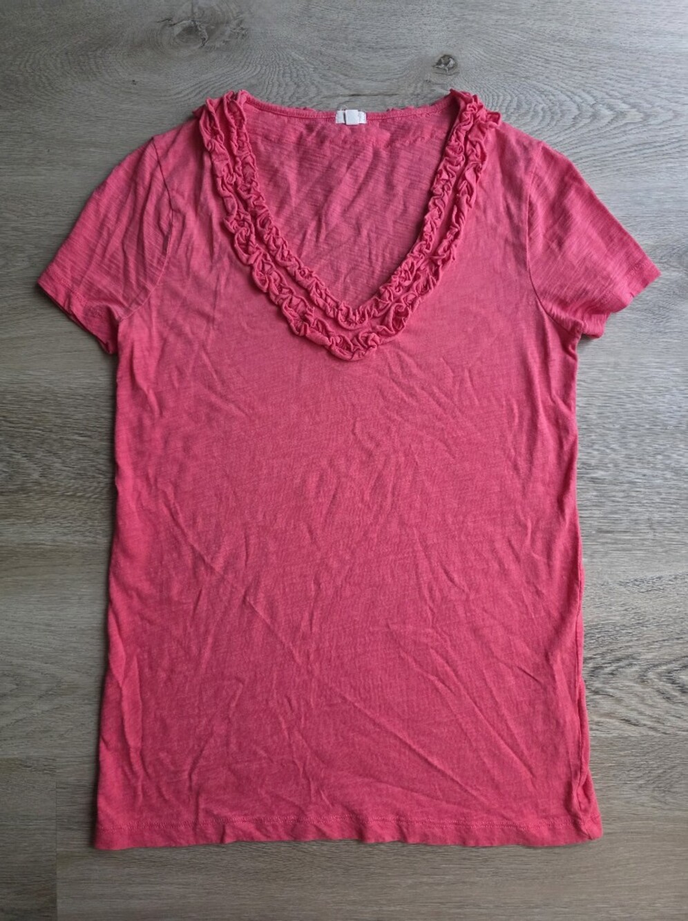 J.Crew Pink Ruffle V-Neck Slub Cotton Tee Size XS - Picture 2 of 6